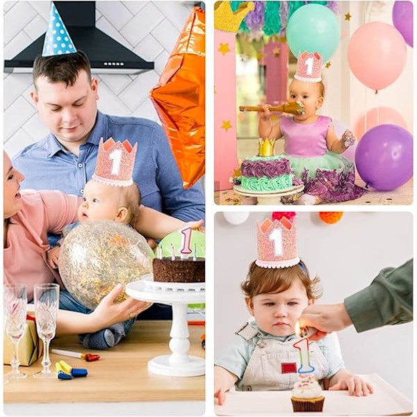 Baby Tiara Krone til 1-årsdag, Baby Første Bursdag Glitterkrone, 1-årsdag Hatt Første Bursdag Hodebånd Fest Hater for 1-årsdag Pink