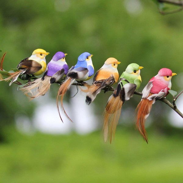 12-delad färgglad fjäderfågel Flerfärgad fågel konstgjord fågel Miniatyr Trädgårdsarbete Hantverk naturtrogen dekoration Hem