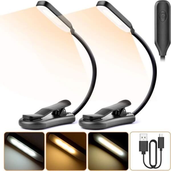 Sett med 2 LED-leselys - 7 moduser (kald/gul) - 360° fleksibel hals - Kindle sengeklemme - USB-kabel inkludert