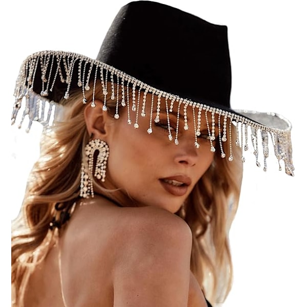 Women's Glitter Cowboy Hat Wide Brim Rhinestone Tasseled Western Large Cap Cowgirl Hat for Club Party