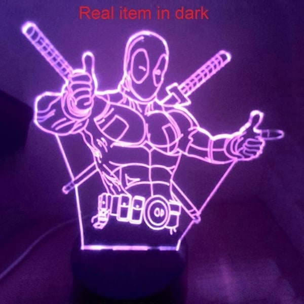 Wekity 3D-lampa Deadpool med fjärrkontroll - Den perfekta presenten till pojkar - Akryl bordslampa nattlampa möbel dekorativ färgglad 7 färger som byter hushåll hemtillbehör