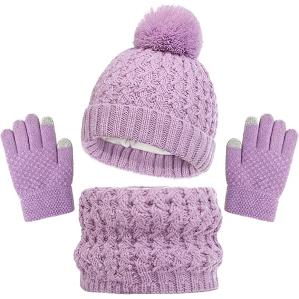 Vintermössa, Halsduk och Vantar Set för Barn, 3-Delar Stickad Varm Crochet Tjock Fluffig Halsduk Pom Pom Mössa Två Fingrar Touch Screen Vantar Set Purple