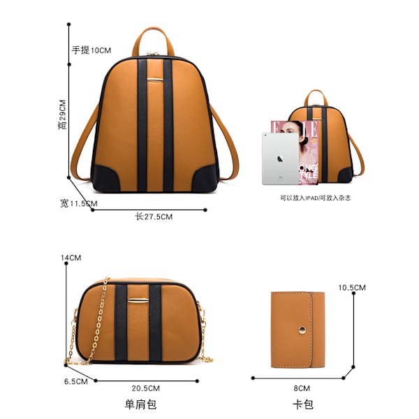 Brun PU Lær Ryggsekk Dame Luksus Skulderveske Kortholder Sett Crossbody Veske Gave Brown