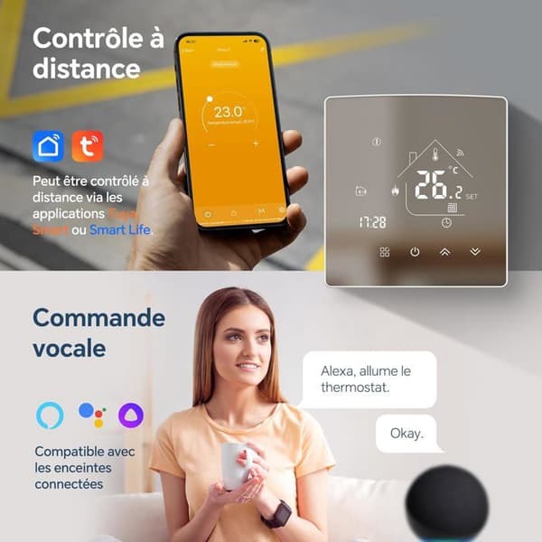 Tuya WiFi Smart Termostat, Romtemperaturregulator, Programmerbar, Kompatibel med Alexa og Google Home, 3 A