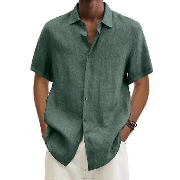 Sommer Lapel Knappelukking Bomull Lin Skjorte Ensfarget Herre Topper dark gray XL