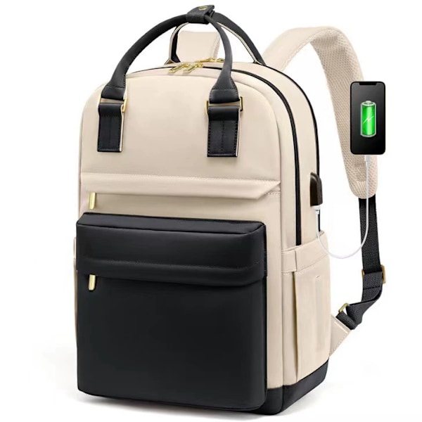 Laptop-ryggsekk for kvinner, 15,6 tommer vanntett tyverisikker fritidsryggsekk for skole med USB-ladeport for jobb, reise, høyskole, skole, Khaki Beige G