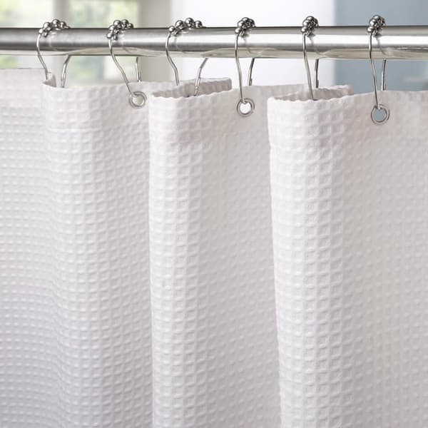 Vit våfflad duschdraperi 100×180 cm - vattentät polyester, 6 metallringar, viktad fåll