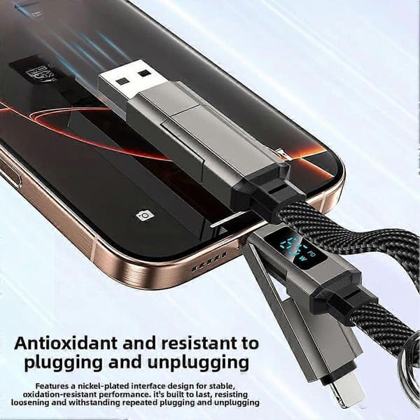 65W Snabbladdande 4-i-1 Nyckelringskabel med LED-display för iPhone & Android - USB C & USB A Multiladdare Blue
