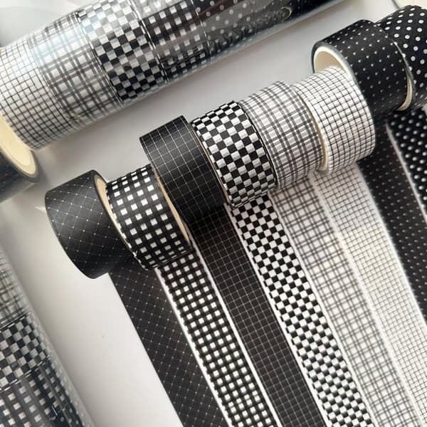 Sæt med sort gittermønstret masking tape (8 ruller) ideelt til scrapbooking og dekoration