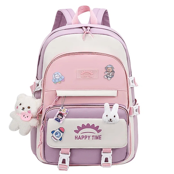 Söpö korealainen koulureppu tytöille, Kawaii vaaleanpunainen ja violetti koululaukku kirjastoon ja alakouluun, lahja opiskelijoille ja lapsille A