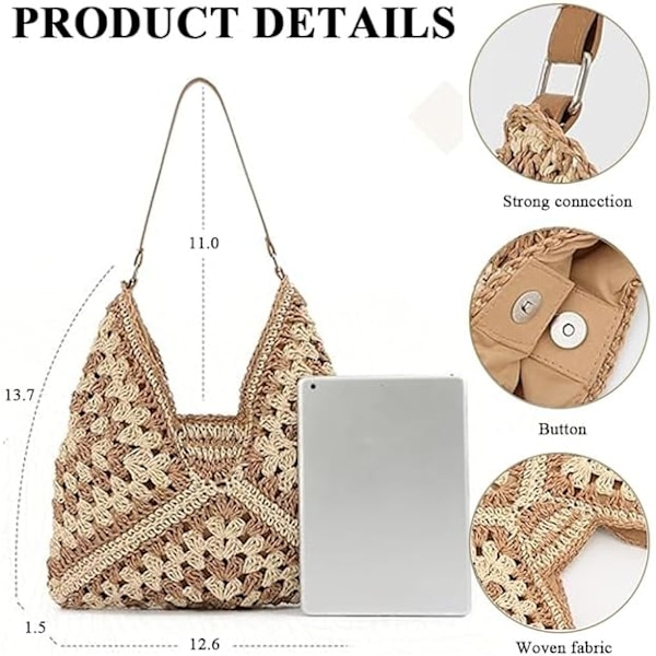 Stor Crossbody-väska för Kvinnor, Sommarväska i Raffia, Damväska i Halm, Sommarstrandväska, Tygväska, Virkade Väskor Marrón