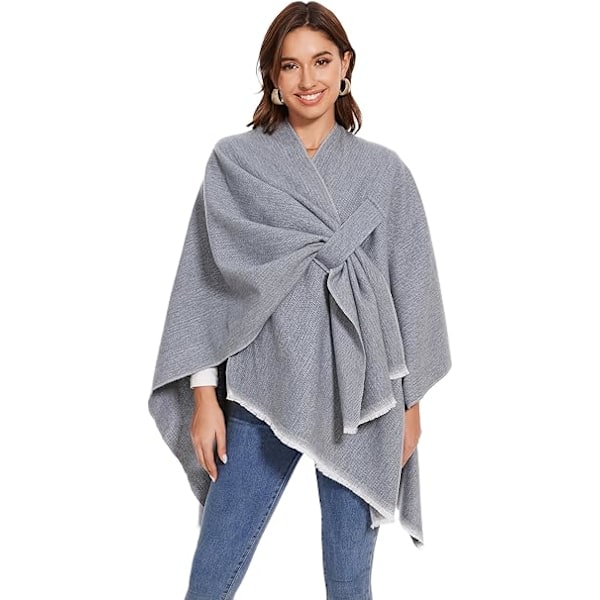 Elegant Shawl Cape med Åben Front - Blød Poncho til Kvinder, Velegnet til Forår, Efterår og Vinter Light Gray