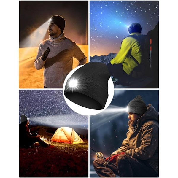 LED Beanie Hat med Indbygget Lys USB Genopladelig Unisex Genopladelig Hovedlampe USB Vinter Oplyst Hovedlygte Gavehat med Lommelygte Indbygget Blue