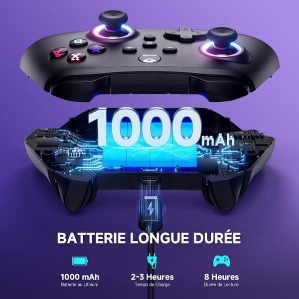 Controller med RGB-belysning, Hall-effekt-udløsere, makroer, skift/turbo-funktioner og vibration; Bluetooth Pro-controller.