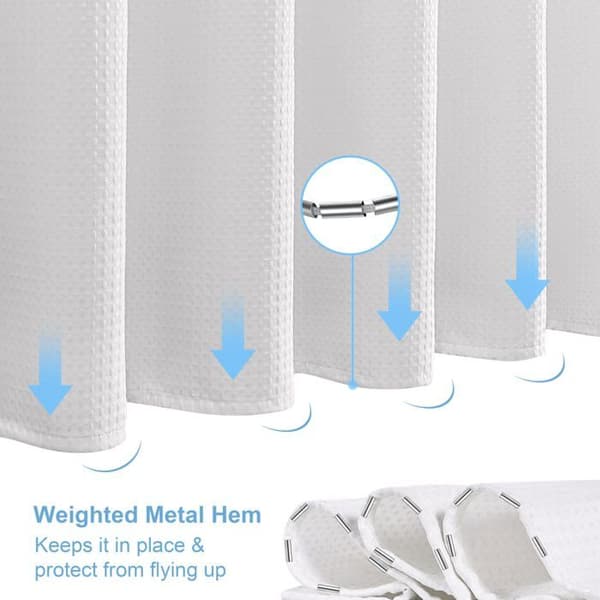 Vit våfflad duschdraperi 100×180 cm - vattentät polyester, 6 metallringar, viktad fåll
