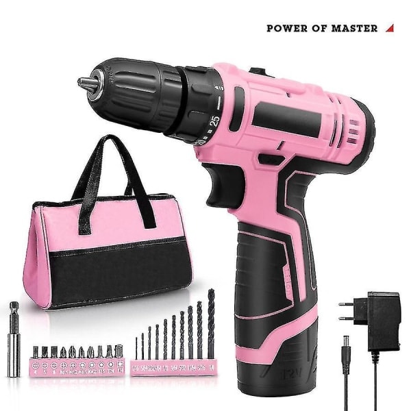 Rosa Power Pink-sett for kvinner 20V batteridrevet drillsett for kvinner Li-ion elektrisk drill, kraft med verktøyveske, batteri, lading