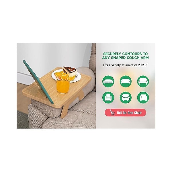 Kaffebordsbricka i bambu, klämma fast på sidobord för breda soffor, hopfällbar soffbricka med 360° rotering
