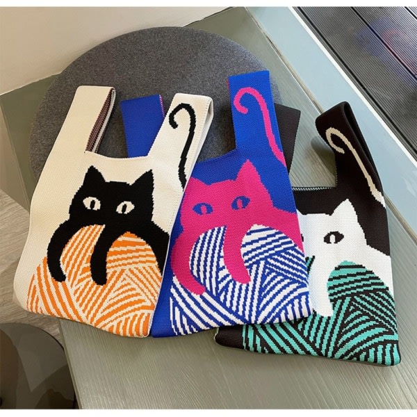 Handgjord Cat Knit Handväska Dam Mini Tote Bag Shoppingpåsar