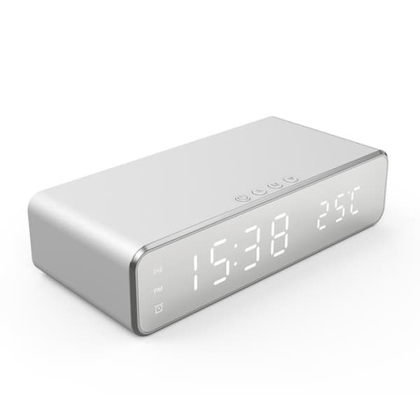 Digitalt LED Vækkeur med Trådløs Oplader/Termometer Sølv