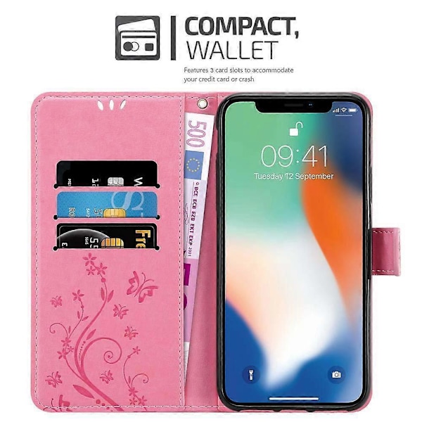 iPhone XS MAX Skyddsfodral - med blommönster och kortfack FLORAL ROSA iPhone XS MAX