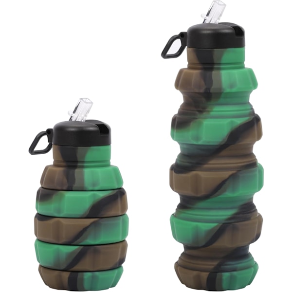 Camouflage Collapsible Silicone Water Bottle - 500ml/17oz Foldable BPA-Free & Leakproof Bottle - Reusable Portable Cup