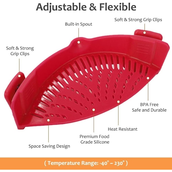 1 st Silikonmatsil, värmetålig klämma på sil, rissil, köksredskap, avloppshandtag för pasta, spaghetti, köttfärs Red