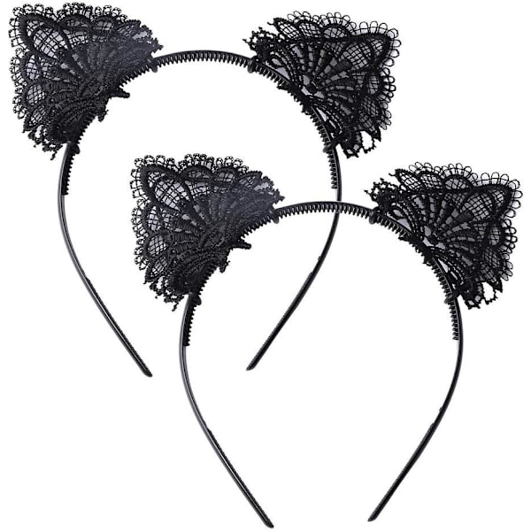 2 Pieces Cat Ears Headband, Women's Sexy Black Lace Cat Ears Hair Band Accessories for Party Cosplay Halloween Costume