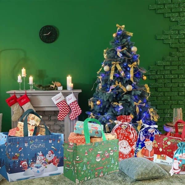 Juleposer, sett med 6 gaveposer med håndtak, gjenbrukbare festlige handleposer til julefester