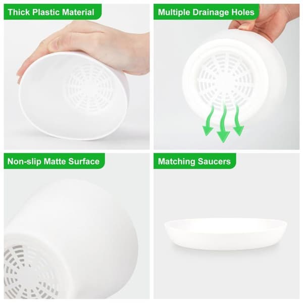 Sæt med 8 hvide plastik urtepotter Ø14 cm med underskåle og drænhuller - indendørs/udendørs