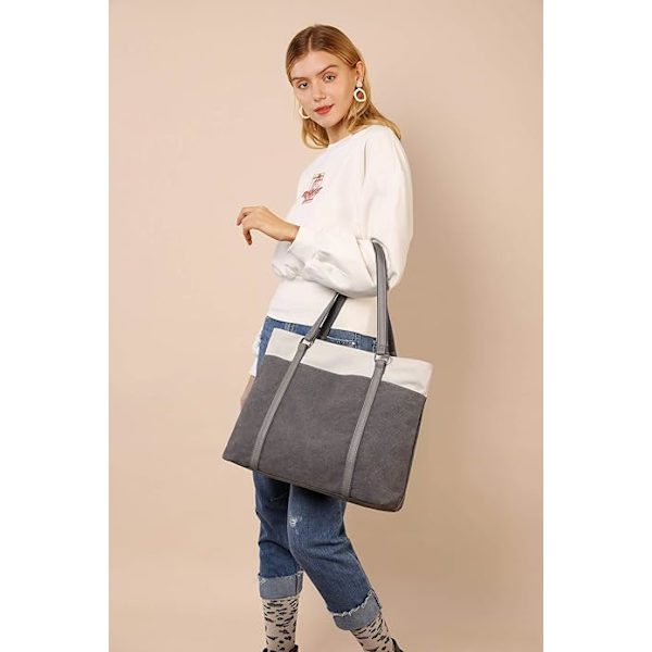 Stor Canvas Tote Bag för Kvinnor, Axelväska för Resor, Arbete, Flera Fickor Gris