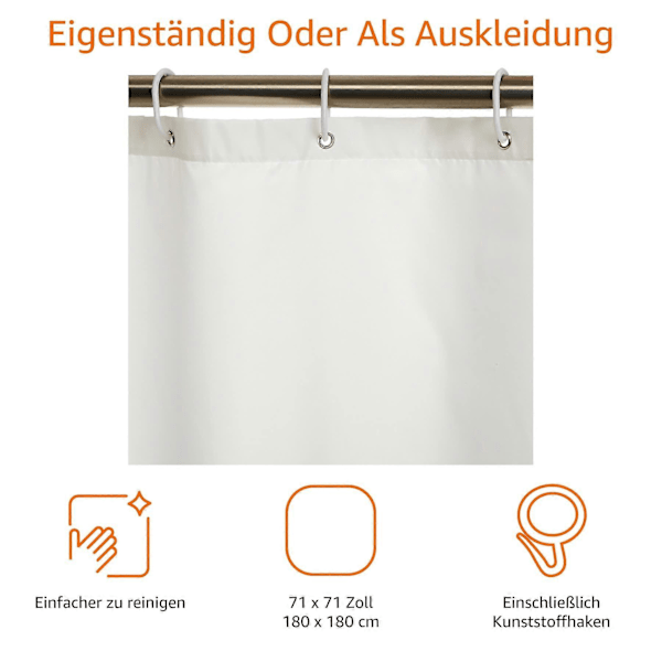Duschdraperi 180 x 180 cm - vit, mögelresistent och vattenavvisande