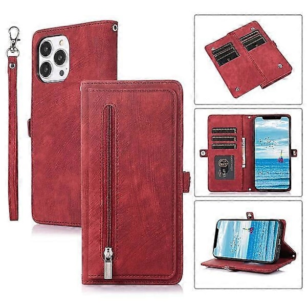Telefoncover til Apple Wallet Card iPhone 14 Pro Max 14 Plus 13 12 11 Pro Max Mini X XR XS Lynlås med håndledsrem Kortholder Slots Ensfarvet PU Læder Purple iPhone 14 Plus