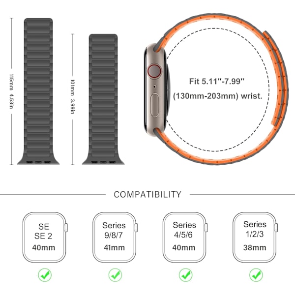 Magneettiset Apple Watch -rannekkeet, yhteensopivat pehmeän silikonisen rannekkeen kanssa, suunniteltu iWatchille Grey Orange 42/44/45/49mm