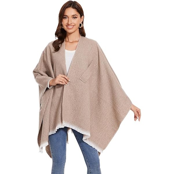 Elegant Shawl Cape med Åben Front - Blød Poncho til Kvinder, Velegnet til Forår, Efterår og Vinter Khaki