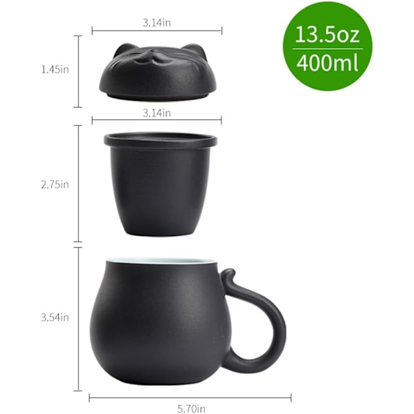 Keramisk tekopp med infuser og lokk, tekopp for å trekke løs te, gave til feriebursdag varmt hus Black