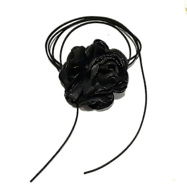 Stor Rose Blomst Kragebeinkjede Enkelt Justerbart Stoff Halskjede Dame Choker Black