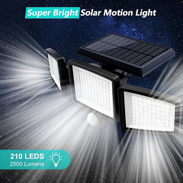 SDIGV Solcellslampor Utomhus 2500LM 210 LED Säkerhetslampor med Fjärrkontroll, 3 Huvuden Rörelsesensorlampor, IP65 Vattentät, 270° Bred Vinkel Flood Wall Black3