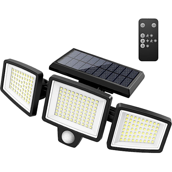 SDIGV Solcellslampor Utomhus 2500LM 210 LED Säkerhetslampor med Fjärrkontroll, 3 Huvuden Rörelsesensorlampor, IP65 Vattentät, 270° Bred Vinkel Flood Wall Black
