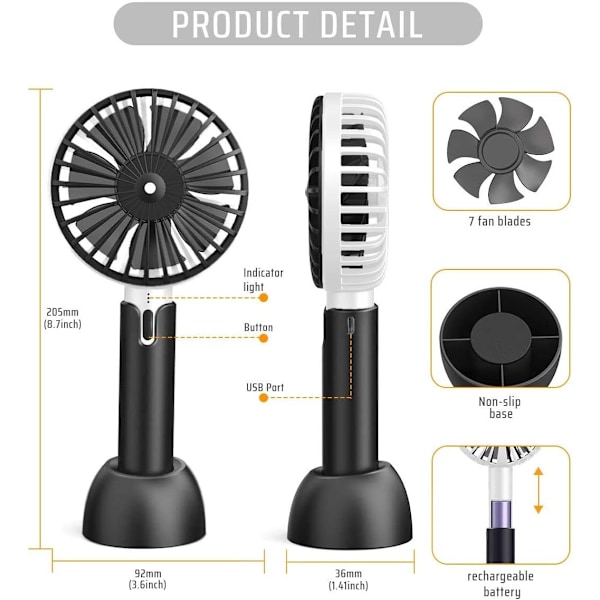 Håndholdt ventilator, bærbar håndholdt USB genopladelig elektrisk mini ventilator med 3 hastigheder, batteridrevet lille lommeventilator Black