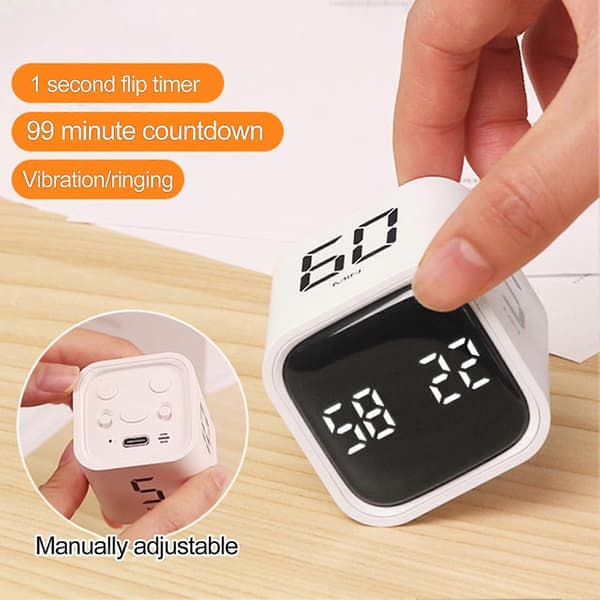 Produktivitets Cube Timer Tyngdekraftssensor Flipping LED-display 4 Forudindstillet Tid Dual Modes Tidsstyring Nedtælling Madlavning Studerende Studie Mini Digital Tid White