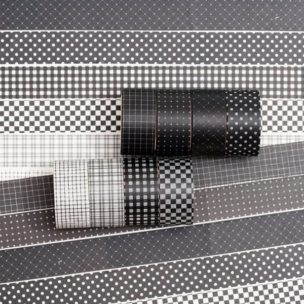 Sæt med sort gittermønstret masking tape (8 ruller) ideelt til scrapbooking og dekoration