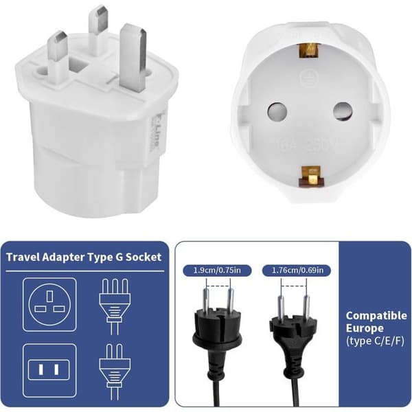 3-delt UK-stikadaptersæt, Frankrig til UK rejseadapter, Type G-adapter, UK til Frankrig stikadapter