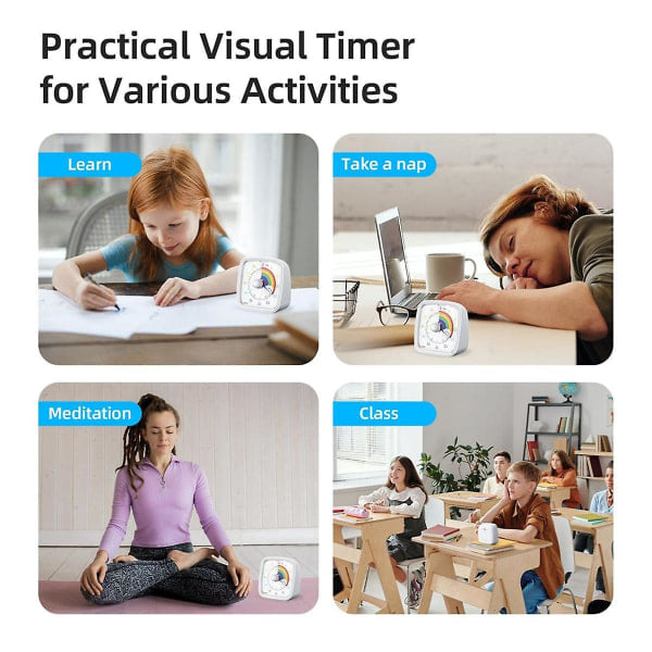 60-Minuters Visuell Timer med Nattlampa, Nedräkningstimer, Pomodoro-Timer med Regnbågsmönster för Barn och Vuxna av White