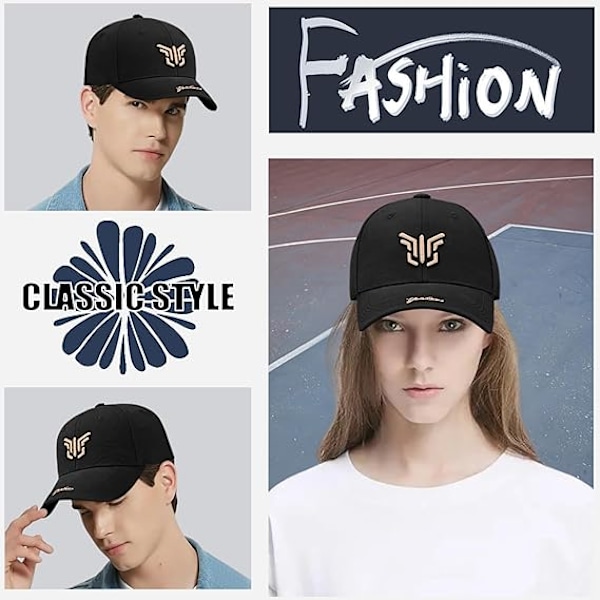 Baseballcaps for menn med justerbar spenne, Unisex Peaket Broderi Pustende Sommer Solhatt Sportscaps for Utendørs Casual Coton Trucker Hip Hop Black