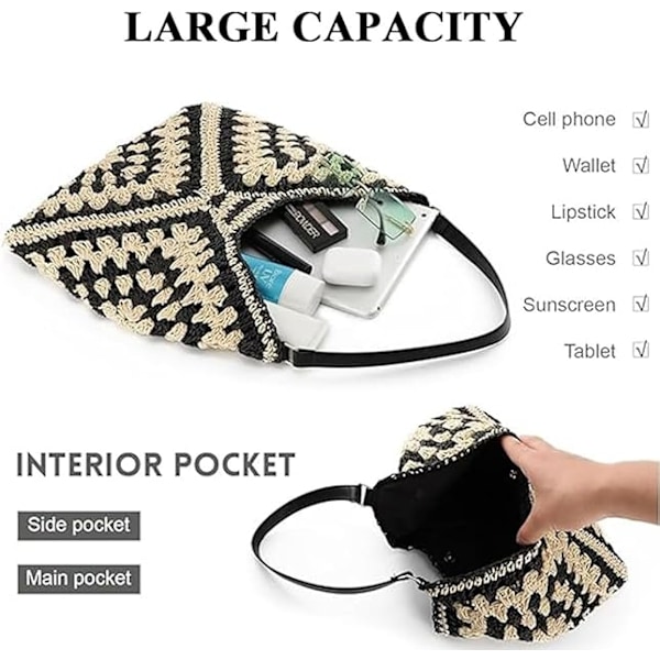 Stor Crossbody-väska för Kvinnor, Sommarväska i Raffia, Damväska i Halm, Sommarstrandväska, Tygväska, Virkade Väskor Negro