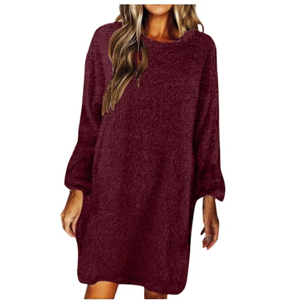 Vinter Lös Tröja Klänning Långärmad Rund Hals Plysch Klänningar Dam Fleece Klänning Wine Red XXL