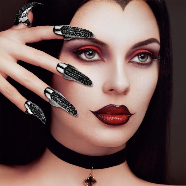 5 st Halloween Fingerklornaglar - Gotisk Punk Rhinestone Naglar