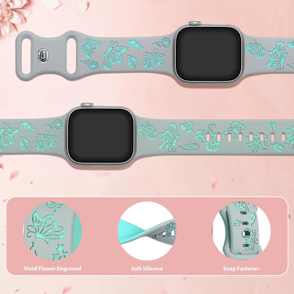 Blomstergravert Rem for Apple Watch-reimer Kvinner Dameklokke Rem, Silikon Søt Blomst Sommerfugl Sportbånd for Apple Watch-serie Gray Cyan 42/44/45mm