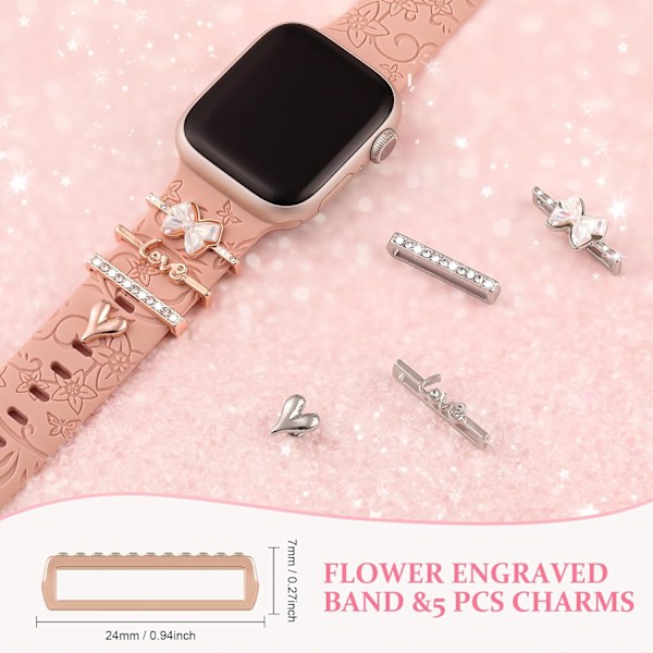 1 sett med charms til Apple Watch-stropper for kvinner, dekorative ringer for iWatch-serier, charms-tilbehør til silikonestropper Rose gold Heart