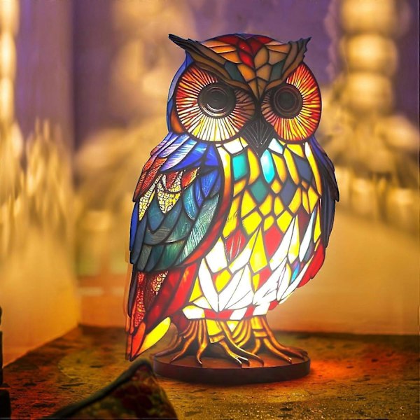 Malt Animal Bordlampe, Marokkansk Lanterne Dekorativ Skrivebordslampe Nattlys Mosaikk Glass Sengelampe Estetisk Dekor for Soverom Owl shape